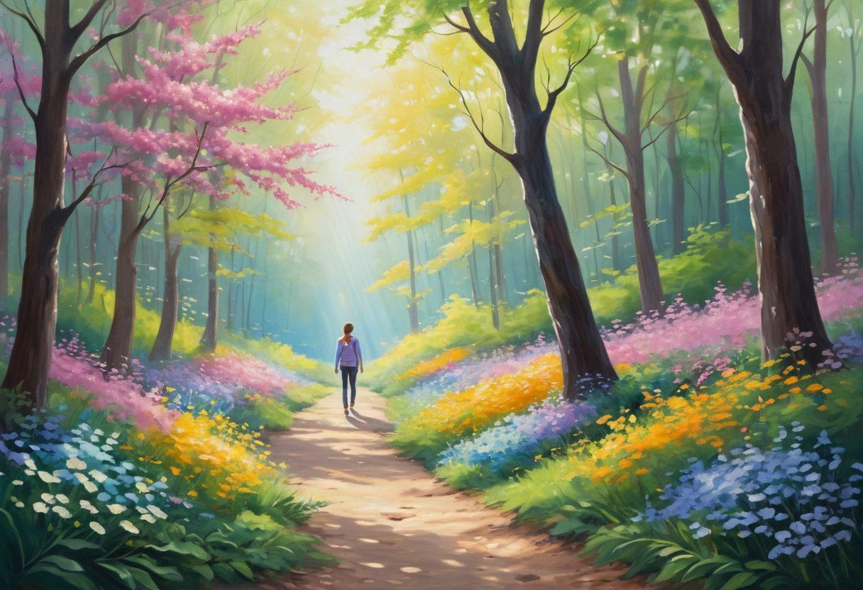 A serene and uplifting forest path symbolizing the journey of cancer treatment, with light filtering through leaves creating a hopeful atmosphere. Include a silhouette of a strong individual walking confidently towards the horizon, surrounded by blooming flowers representing growth and resilience. Soft, pastel colors to evoke calmness and optimism. painting. vibrant colors.